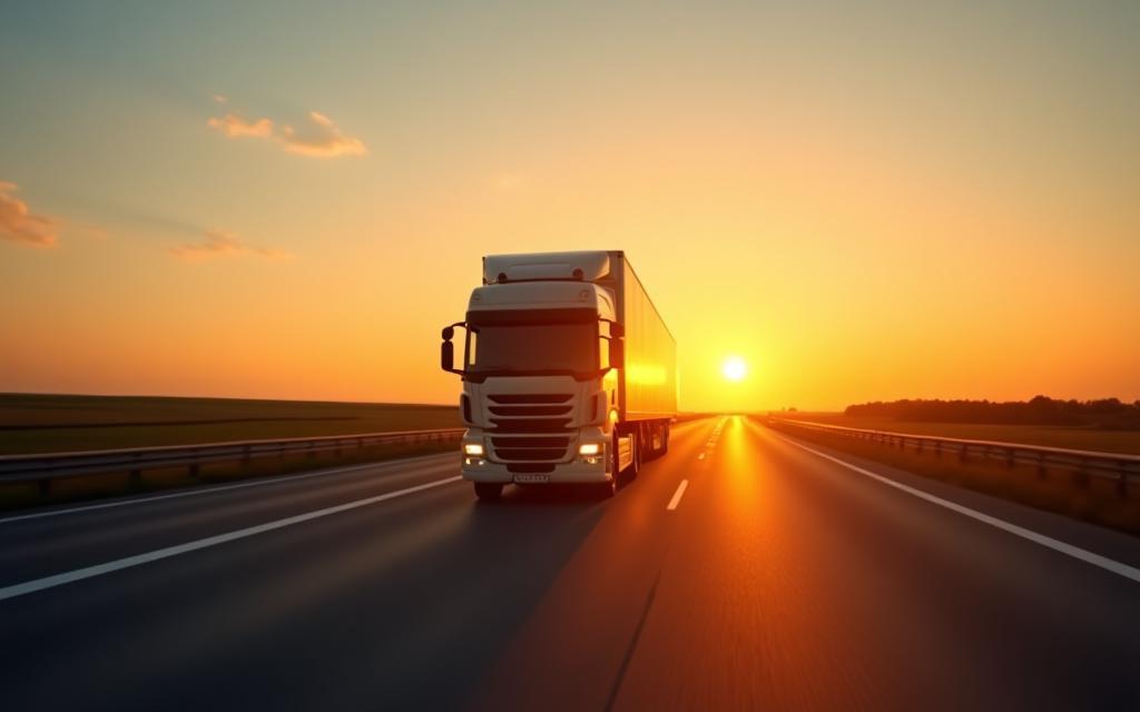 Commercial truck driving on a European highway at sunrise, symbolizing efficient logistics.